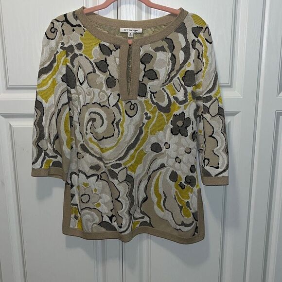 ST. JOHN Yellow White Black Abstract Floral Wool Blend Knit Pullover Small - Picture 1 of 13